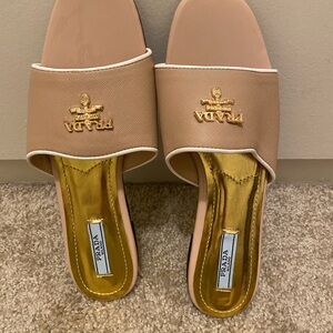Prada Beige Slide Mules with Gold Insole and Logo